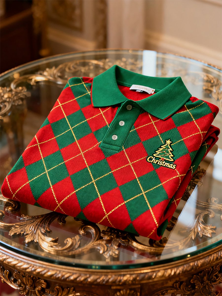 Camisa polo Christmas a cuadros de manga larga para hombre