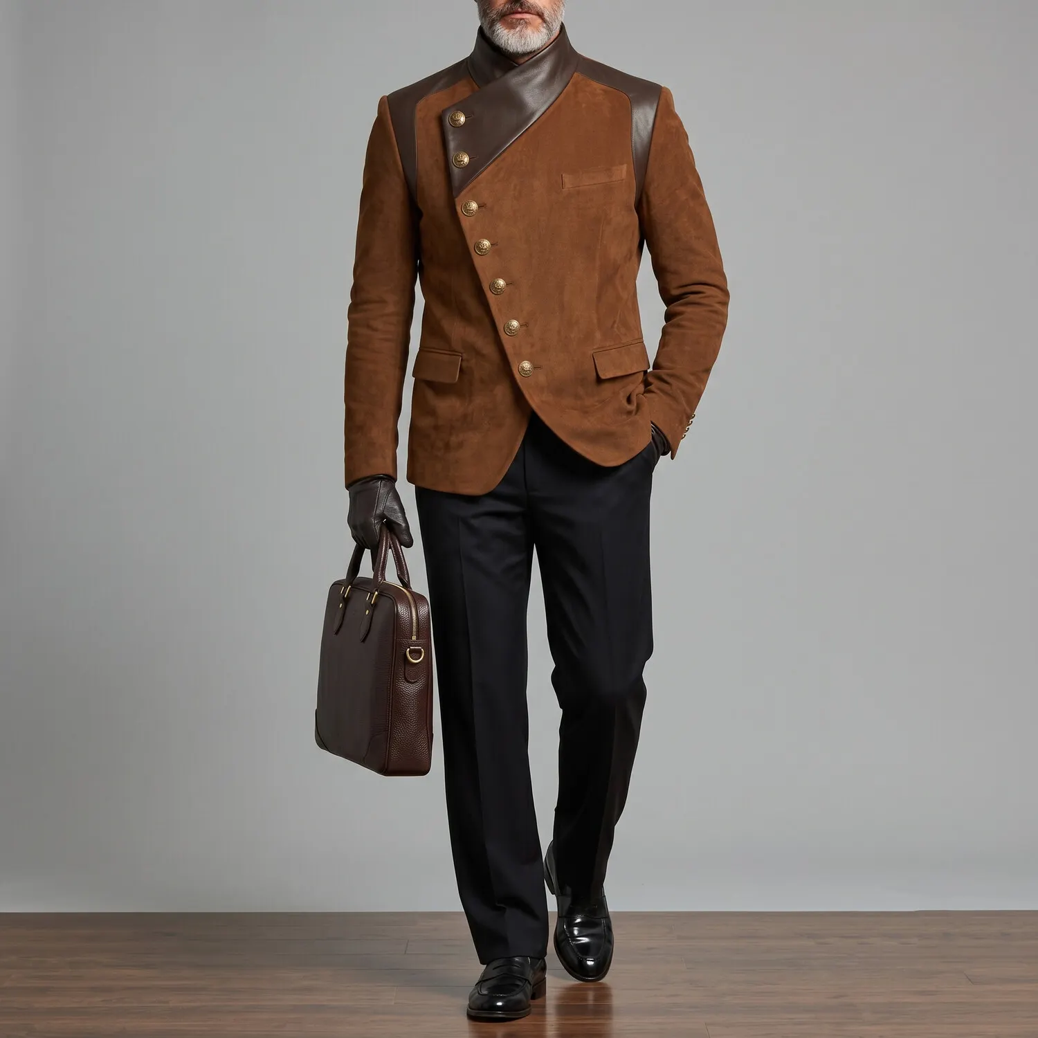 para hombre vintage Asymmetric Oblique Button PU Leather Contrast Spliced Suede Stand Collar de manga larga chaqueta