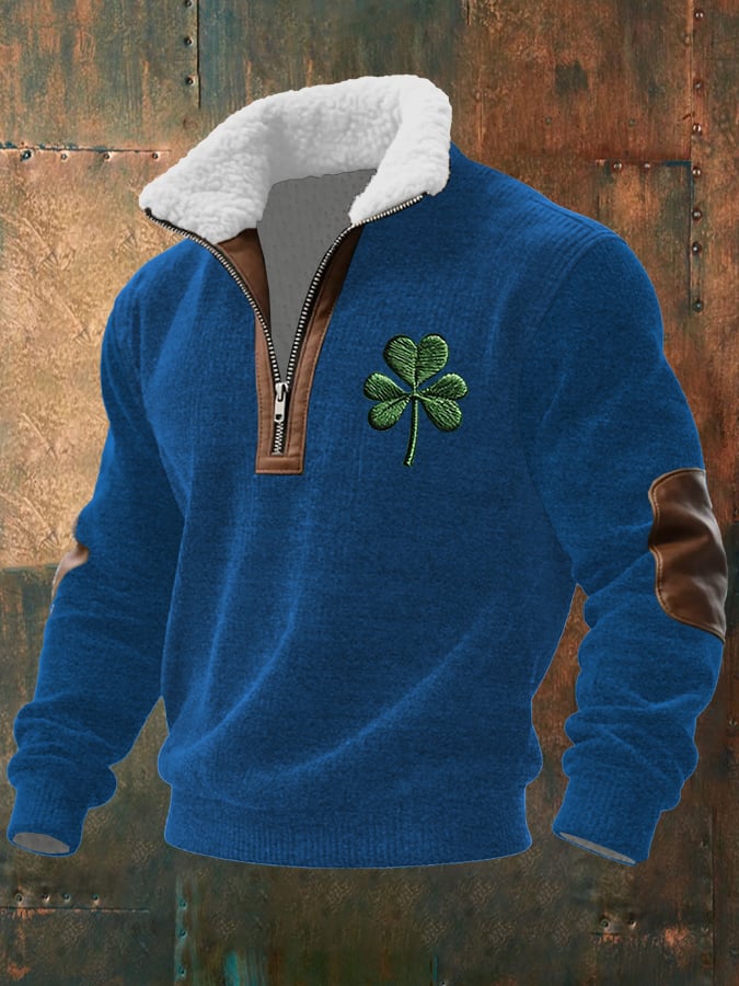 Sudadera vintage St. Patrick's Day estampado de manga larga With Fur cuello para hombre