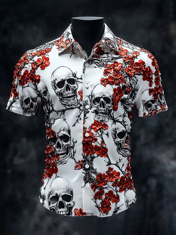 Camisa casual vintage floral Skull estampado de manga corta para hombre