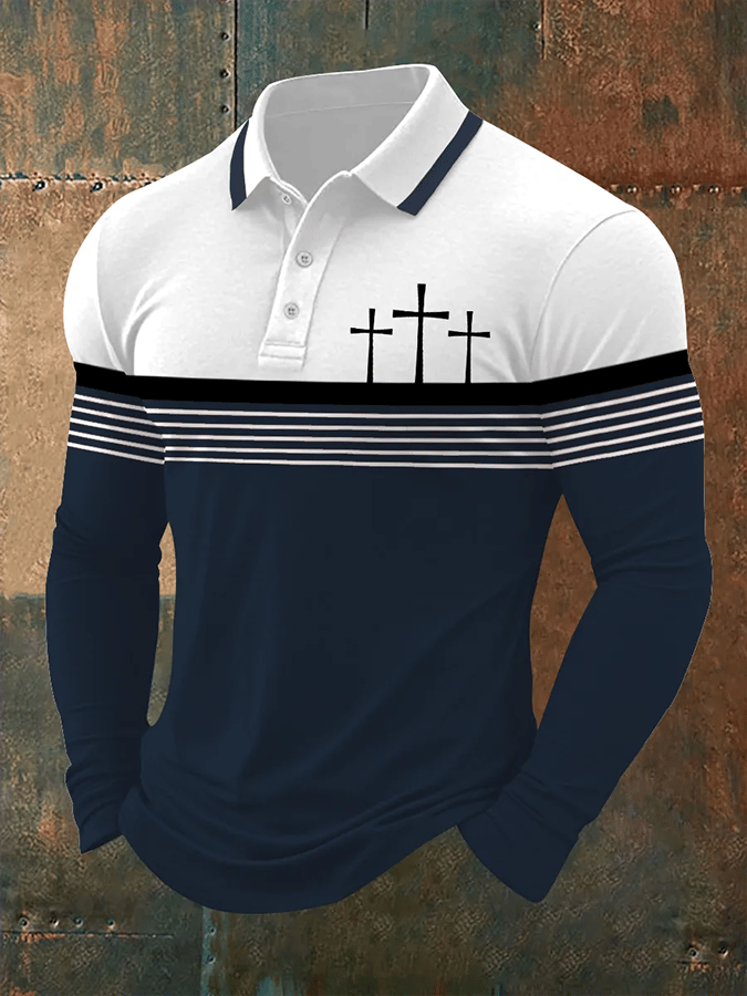 Camisa polo retro Faith casual estampado de manga larga para hombre