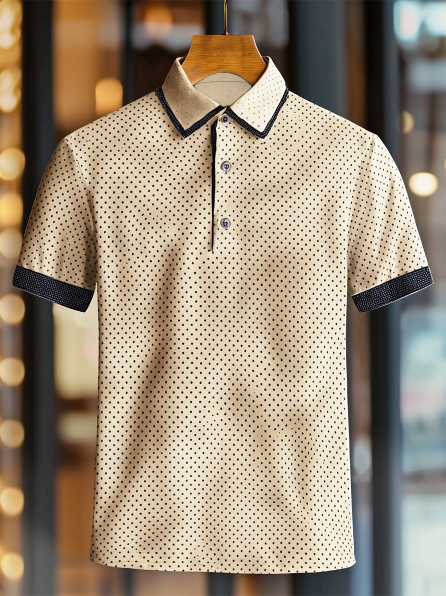 Camisa polo ejecutivo Polka Dot Button-Up de manga corta para hombre