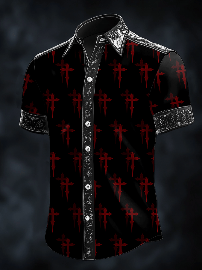 Camisa Dark Skull estampado satén de manga corta para hombre