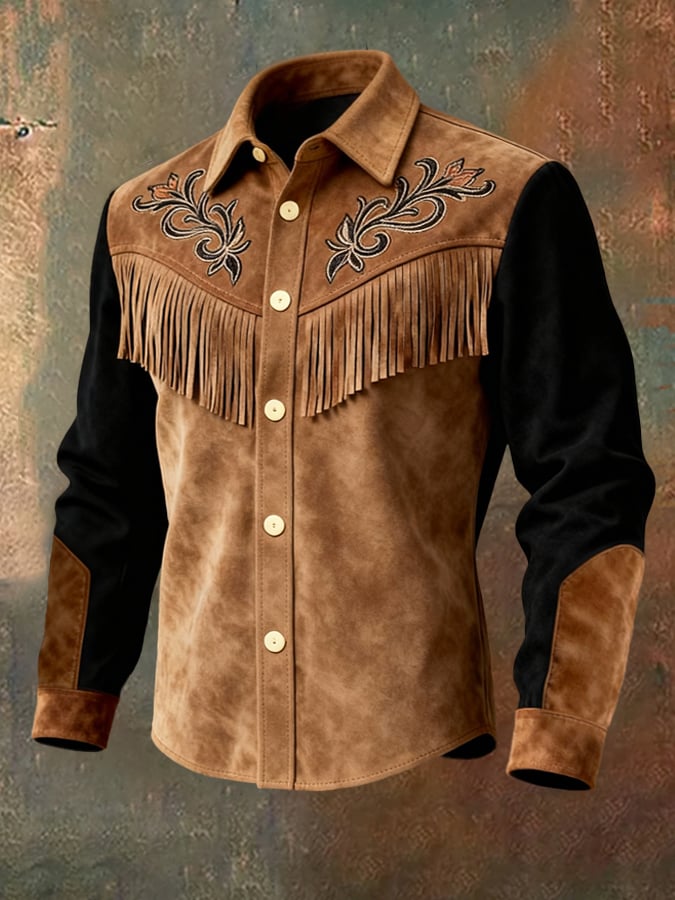 Camisa vintage Patchpara trabajo Color-Block gamuza de manga larga With Tassels para hombre