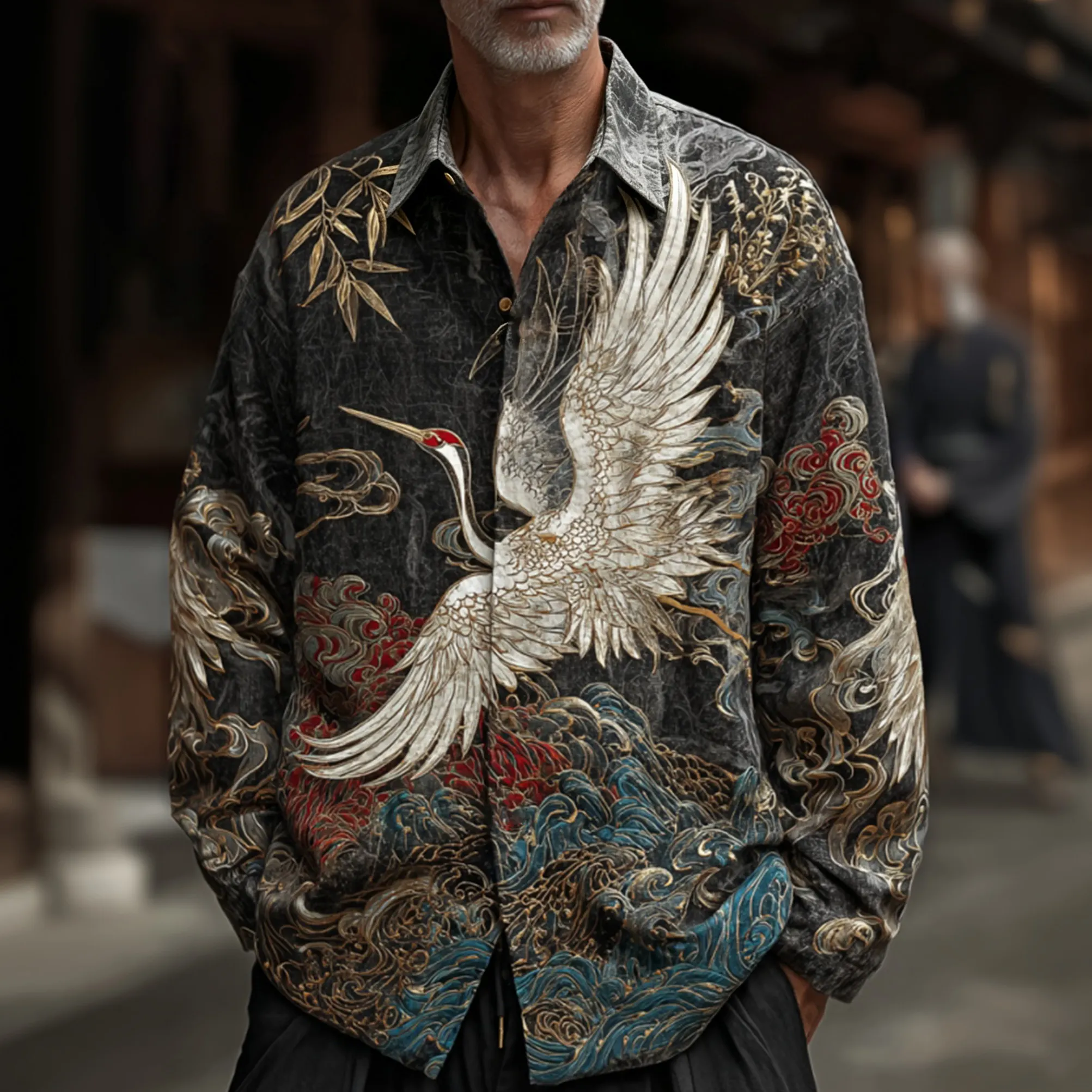 Camisa retro Japanese Style Crane And Wave estampado casual de algodón de lino de manga larga para hombre