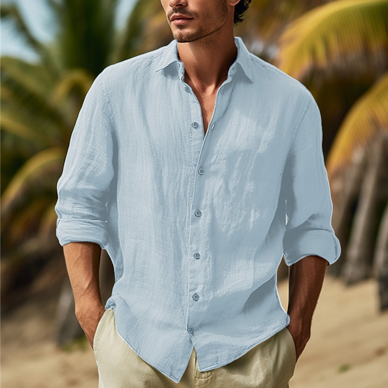 Camisa de algodón de lino camisa Summer camisa Beach Wear Button Up camisa Plain Vacation Curise Black White Pink Navy Blue de manga larga solapa Spring & Summer Clothing Apparel para hombre - vista 7
