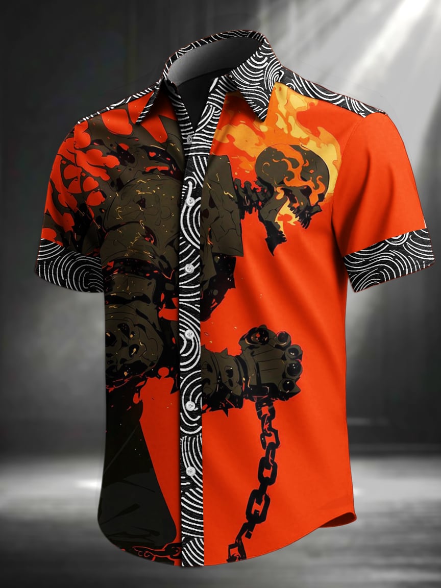 Camisa vintage Skull floral estampado solapa de manga corta para hombre