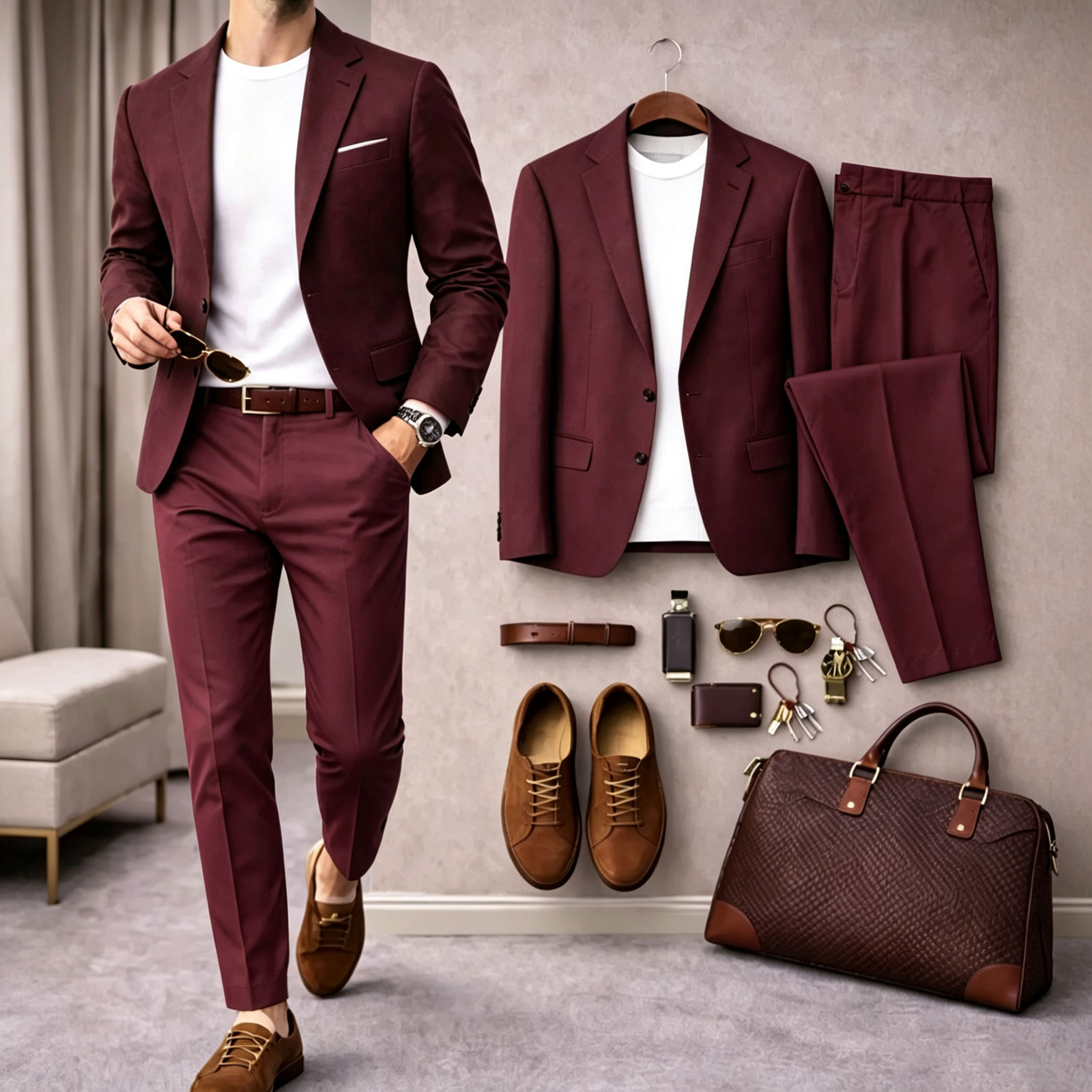para hombre Solid-Color de manga larga camisa and Long pantalón Suit Set
