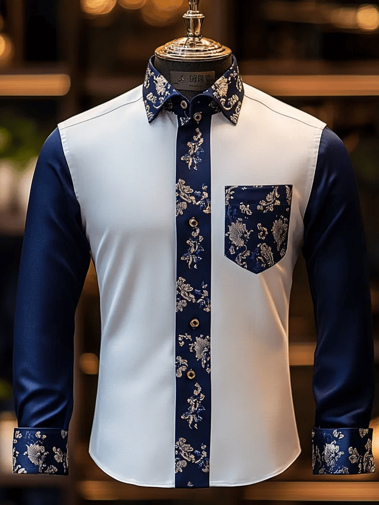Camisa de lujo Romantic Contrast Color estampado de manga larga para hombre