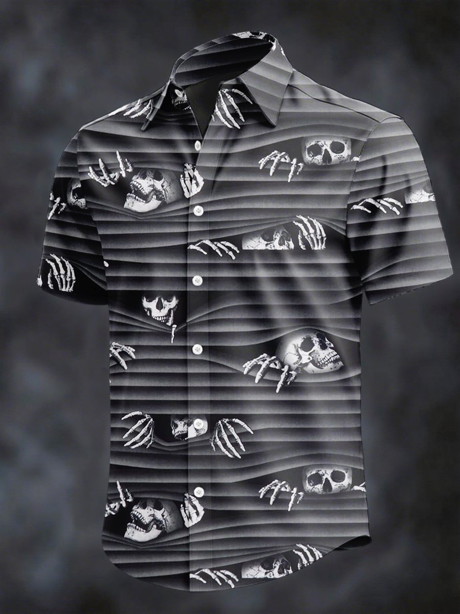 Camisa retro Horror Skull estampado solapa de manga corta para hombre