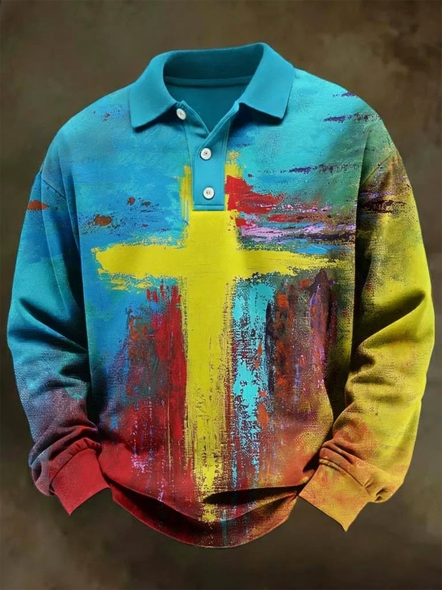 Camisa polo retro Faith Oil Painting Art de manga larga para hombre