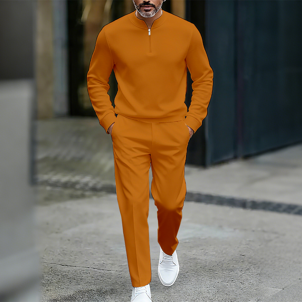 Conjunto de dos piezas casual de color sólido Round-Neck Zipper de manga larga Trousers para hombre