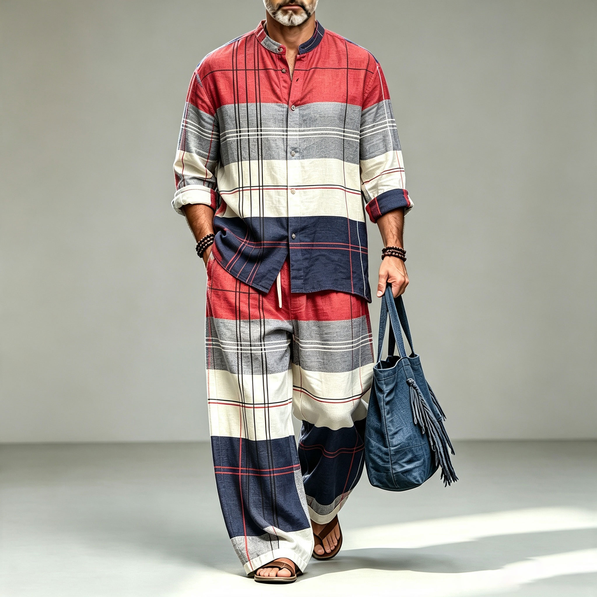 para hombre a rayas Print Stand-Collar de manga larga camisa and pantalón Set