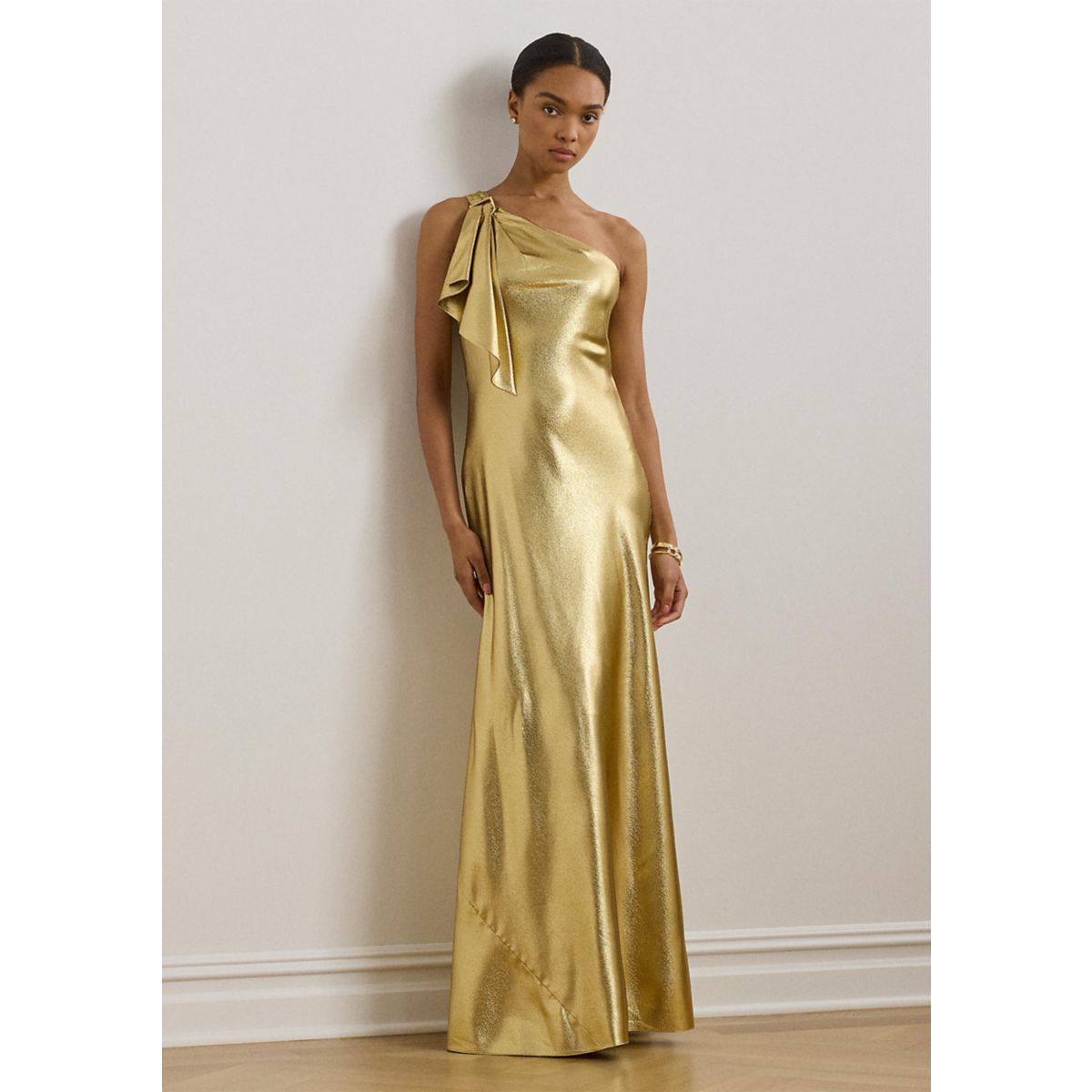 Women's Metallic Charmeuse One-Shoulder Gown - 1