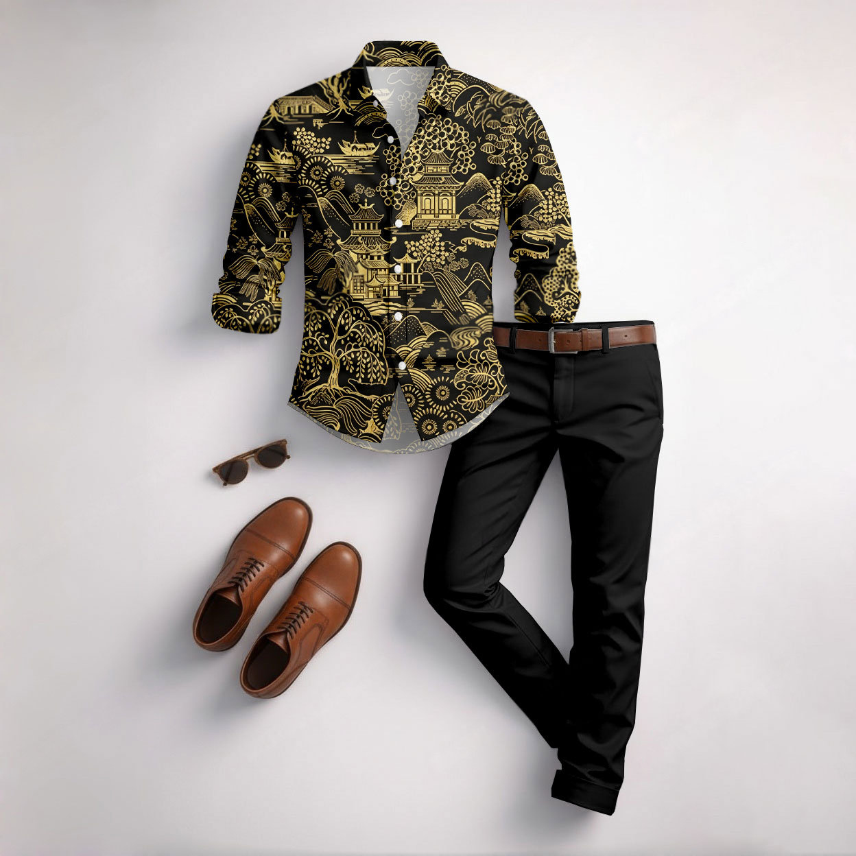 Conjunto de dos piezas casual Black Color Matching Geometric estampado de manga larga camisa & Trousers para hombre