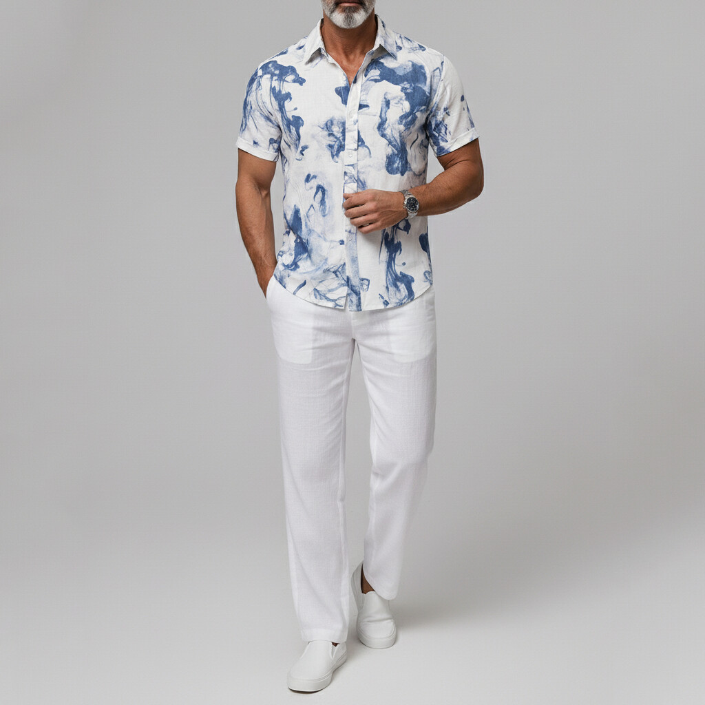 Camisa Ink-wash estampado Button Vacation Cuffed Edge de manga corta para hombre