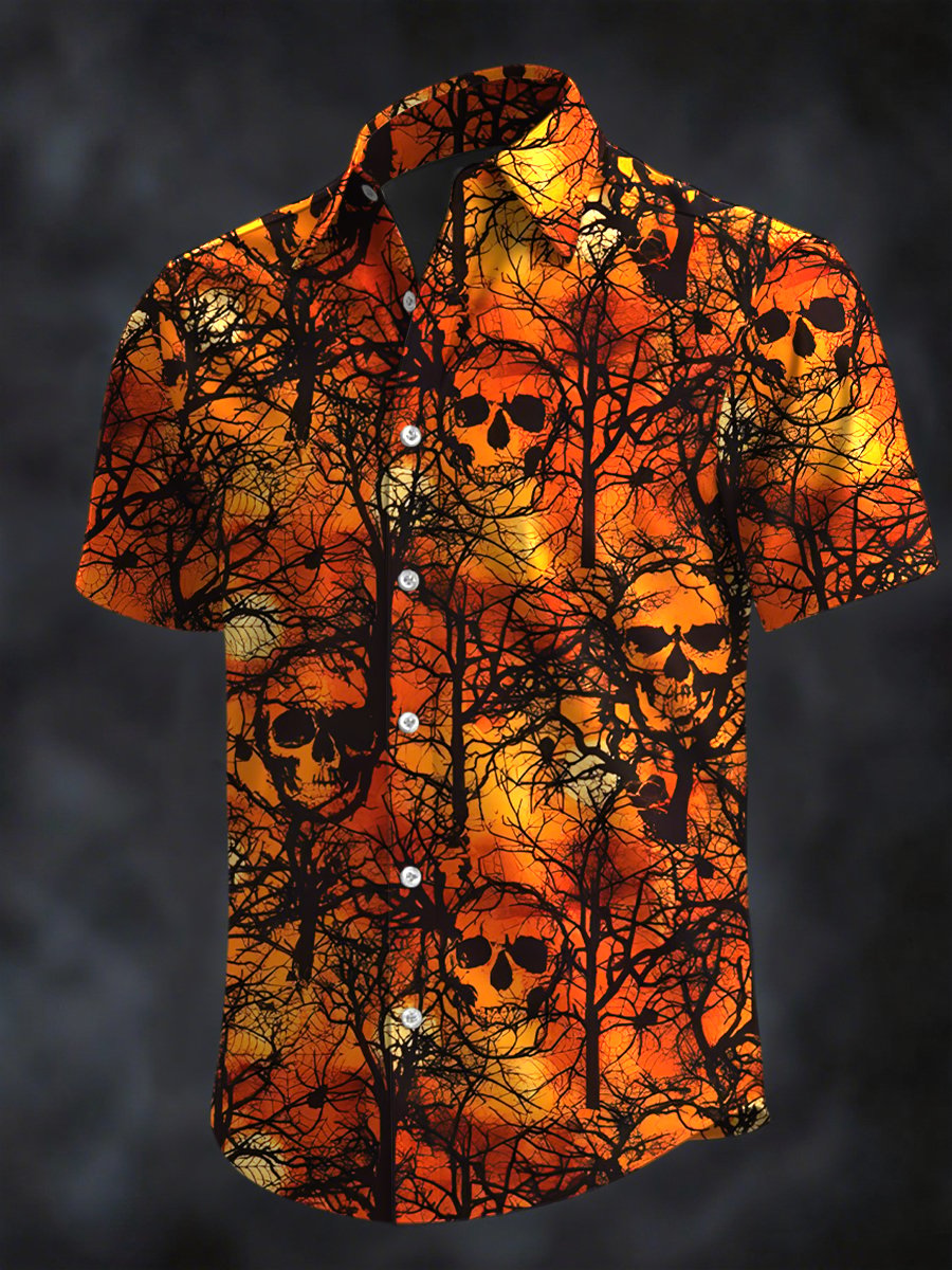 Camisa retro Horror Skull estampado solapa de manga corta para hombre