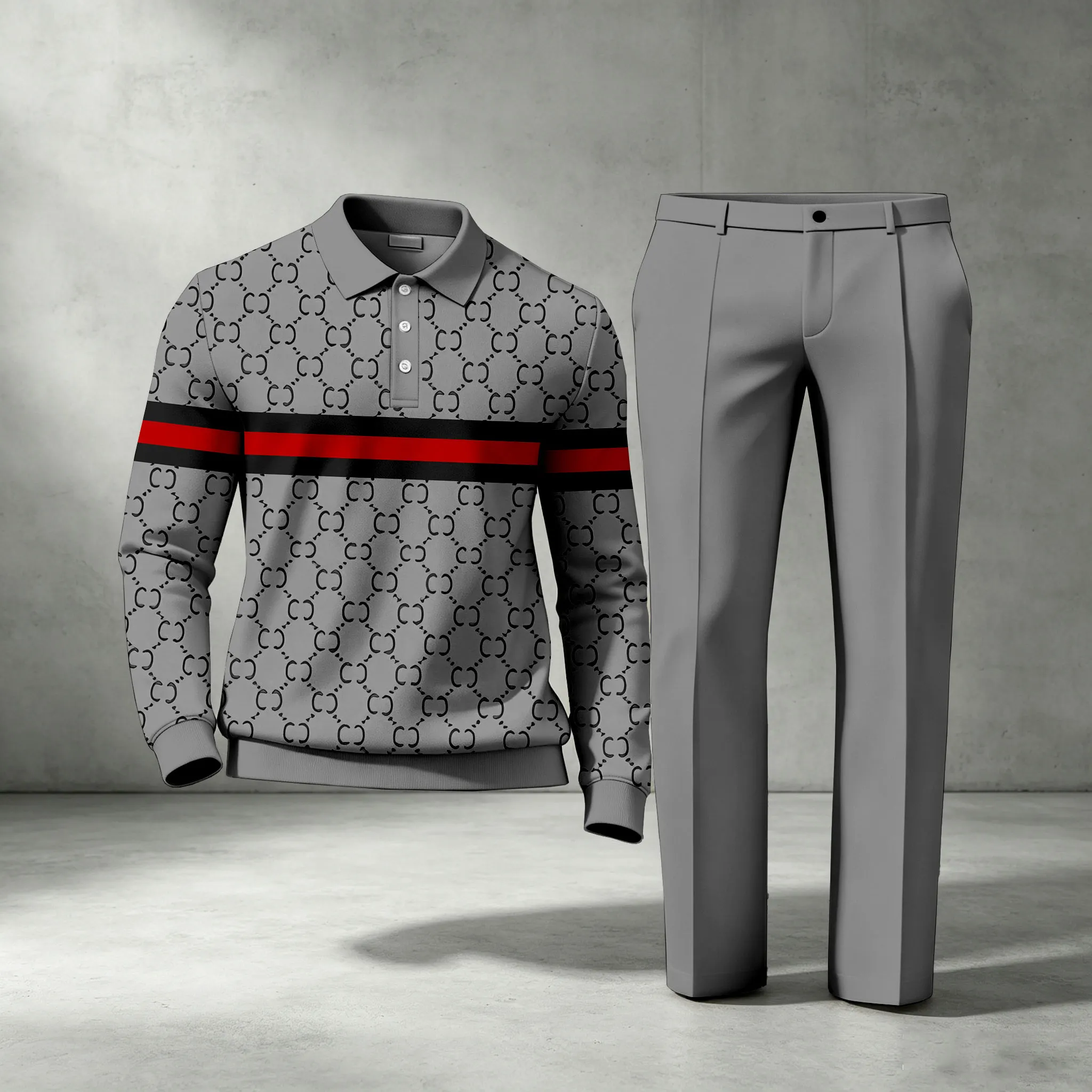 para hombre Double-C de manga larga camisa polo and pantalón conjunto de dos piezas