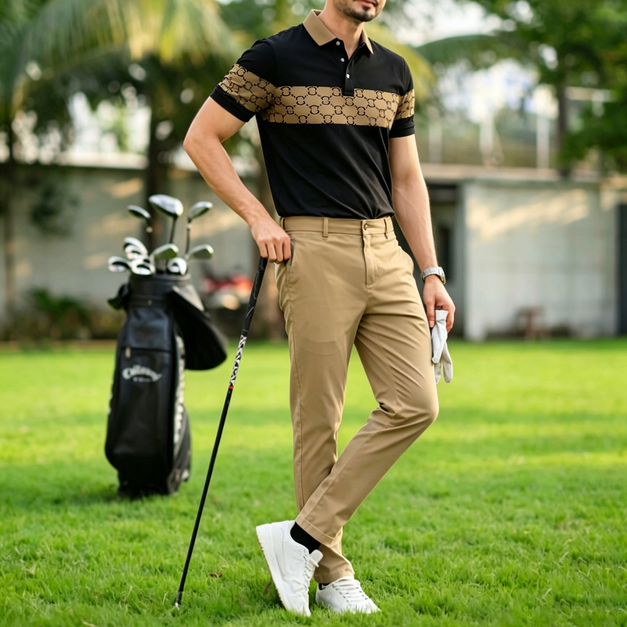 Conjunto de dos piezas casual Black & Brown a cuadros estampado camisa polo And pantalón para hombre