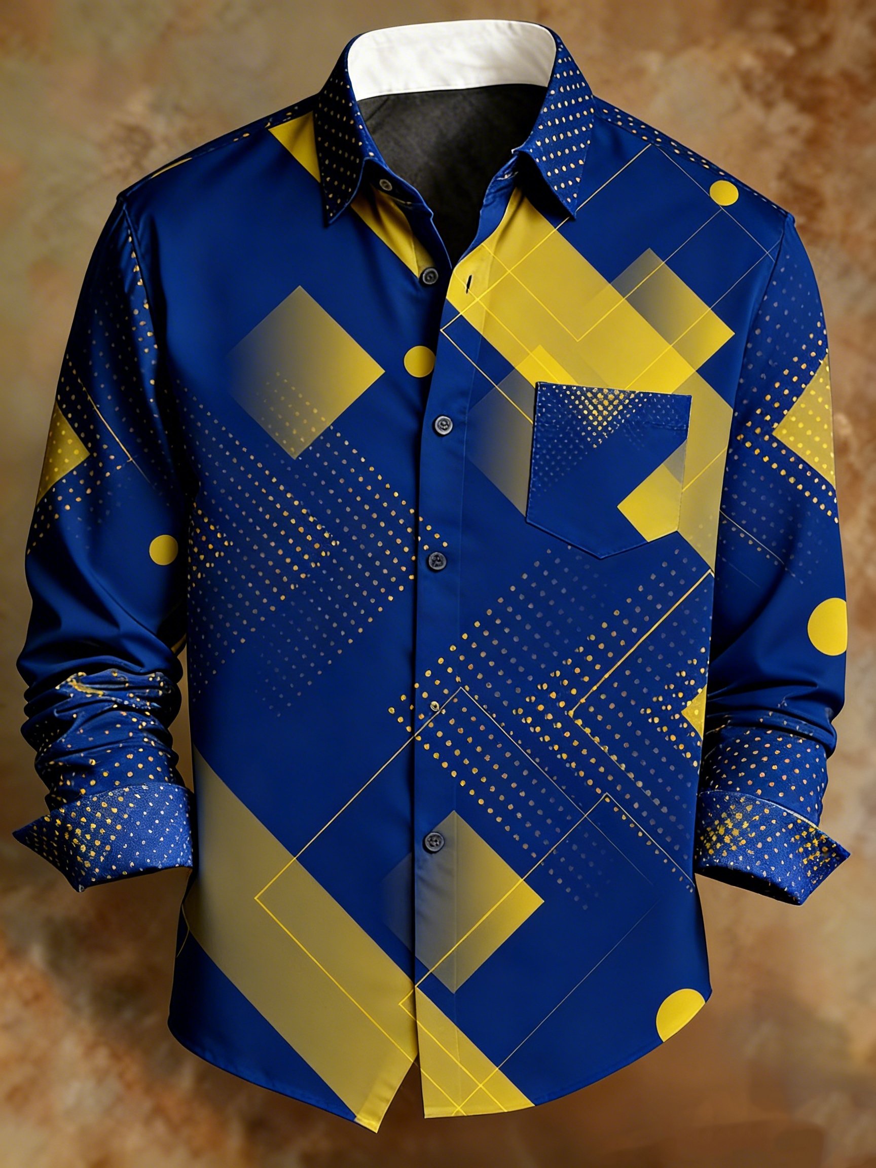 Camisa retro geométrico diseños estampado ejecutivo para hombre