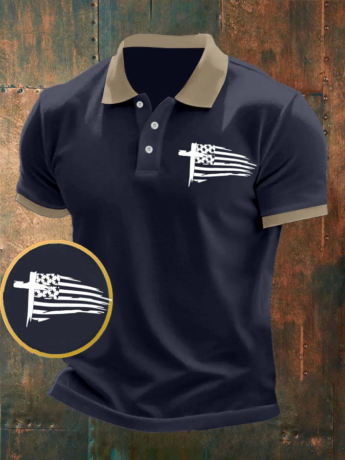 Camisa polo Cross American Flag estampado casual para hombre