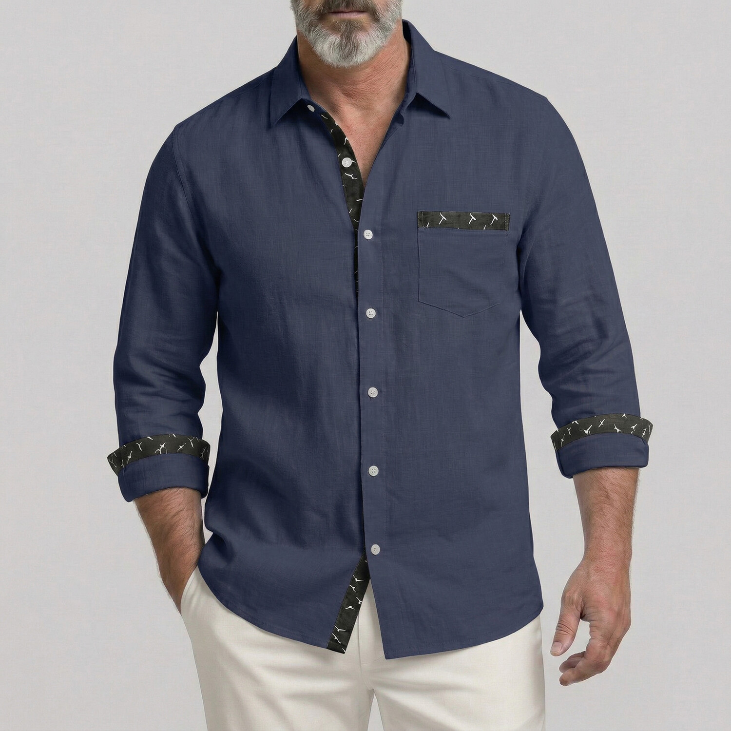 Camisa Vacation Sky Blue Contrast Trim Sea Gull estampado Chest Pocket de manga larga para hombre