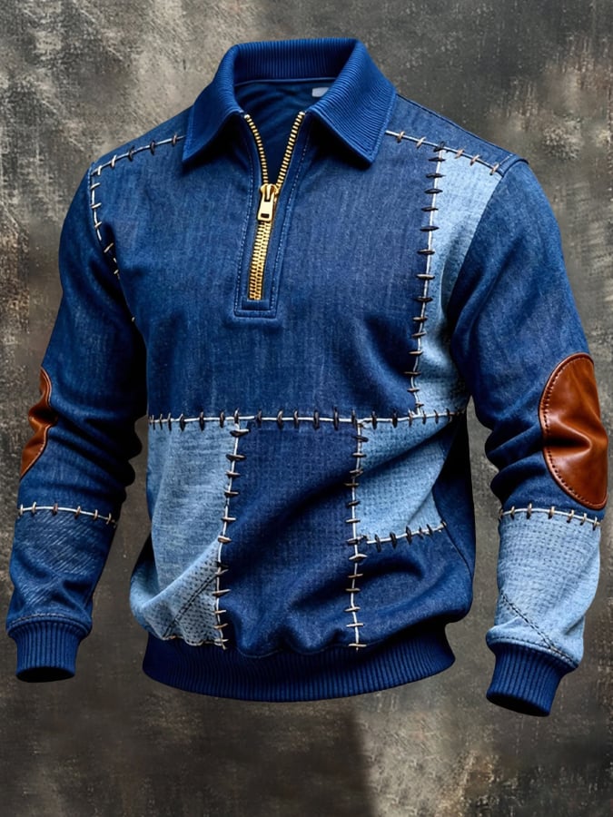 Sudadera vintage Color-Block estampado con cierre con gorrasucha para hombre
