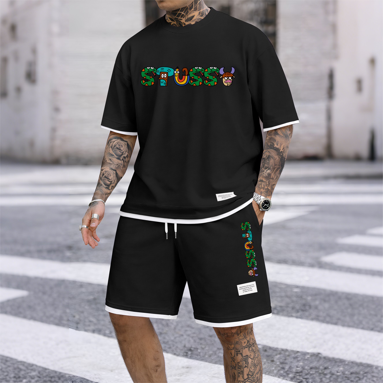 Camisa Y2K Cartoon estampado Waffle Fabric de manga corta And shorts Set para hombre