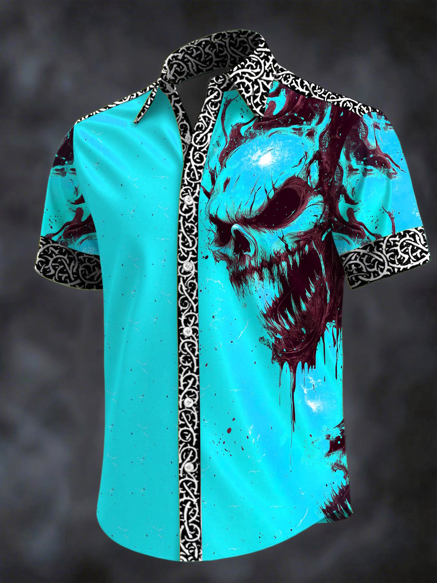 Camisa retro Horror Skull estampado solapa de manga corta para hombre