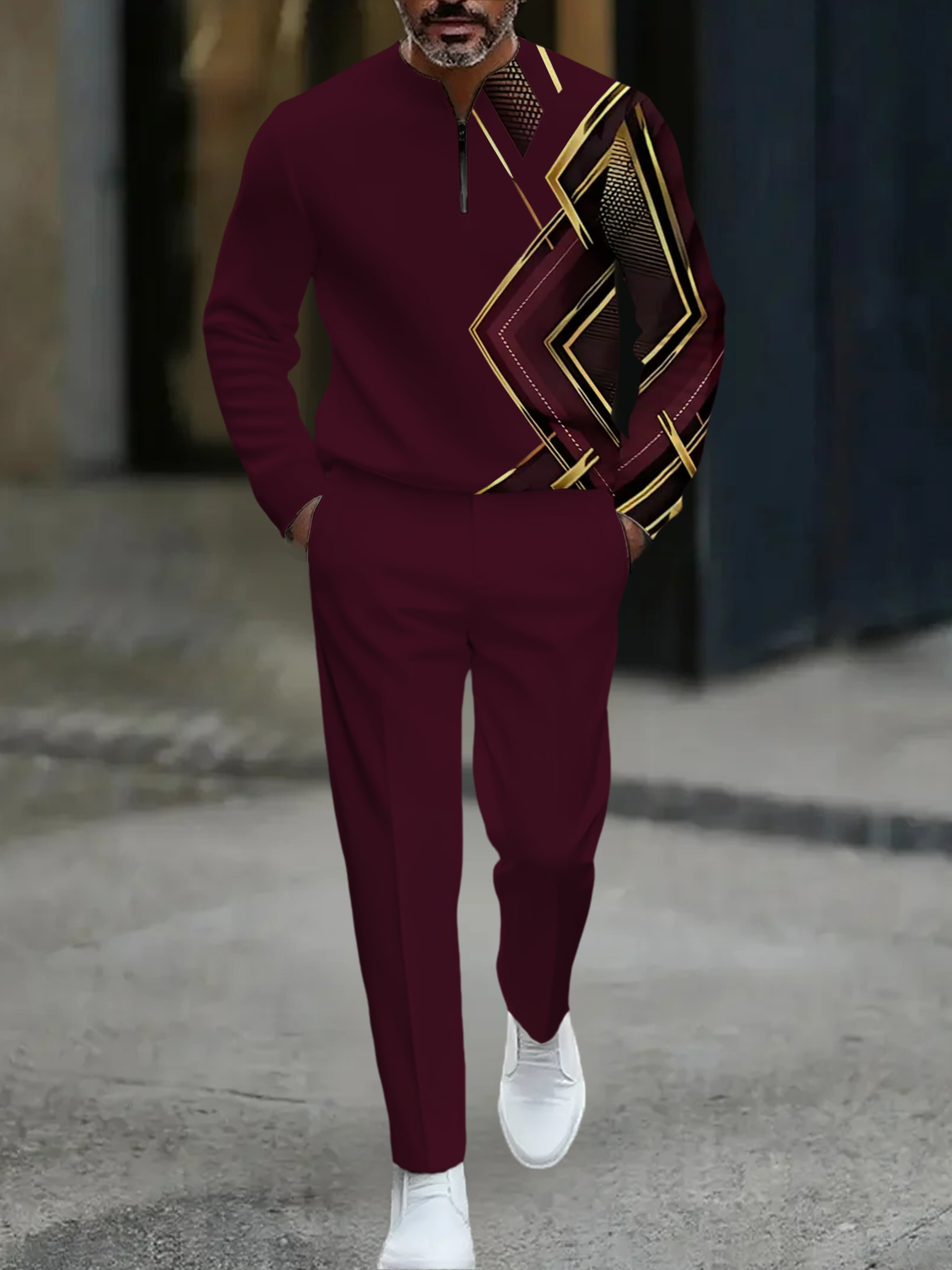 Conjunto de dos piezas casual Maroon & Gold Color Matching Asymmetric estampado Round-Neck Zipper de manga larga sudadera & Trousers para hombre