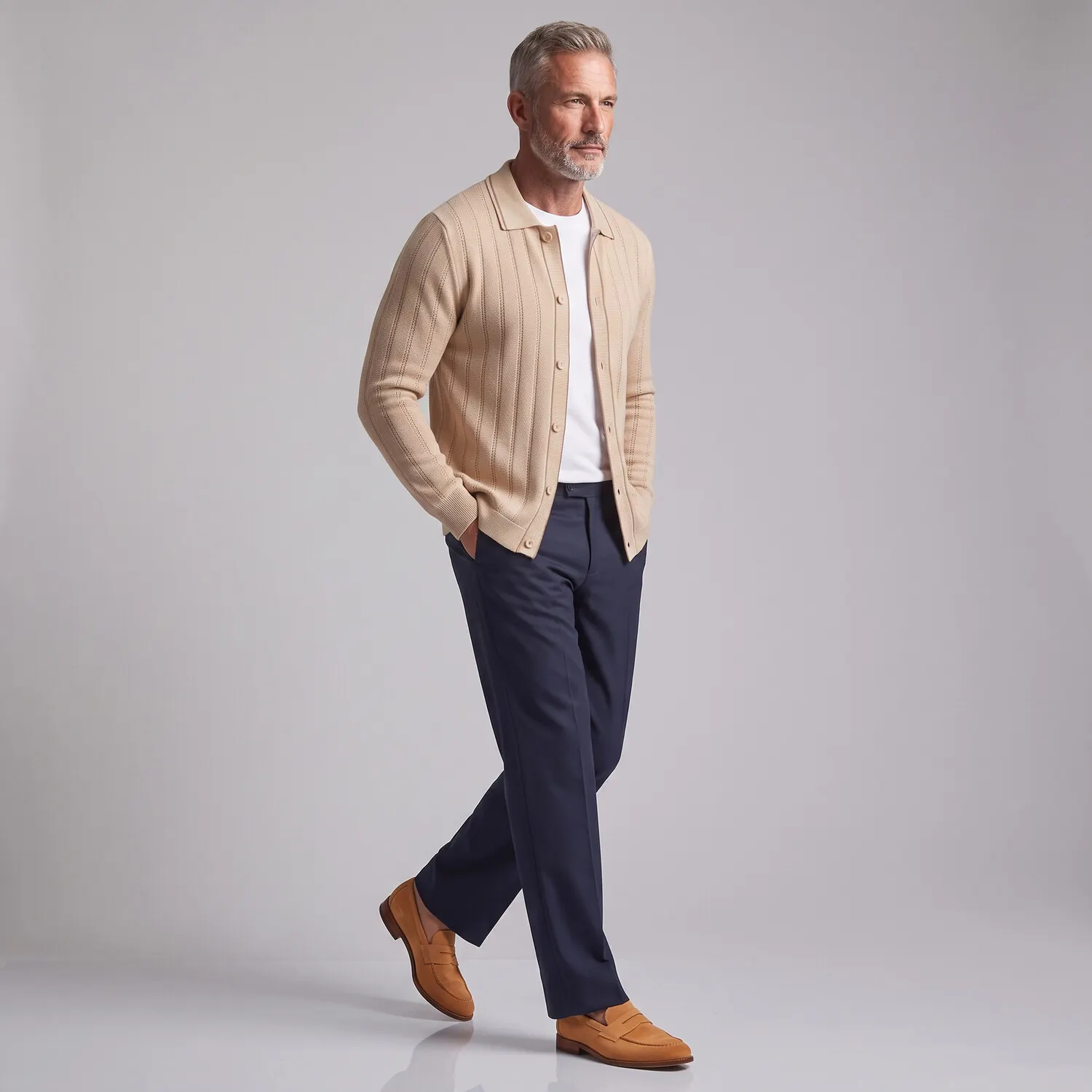 para hombre Navy Blue Hollow Out Contrast Trim Single Breasted tejido Cardigan