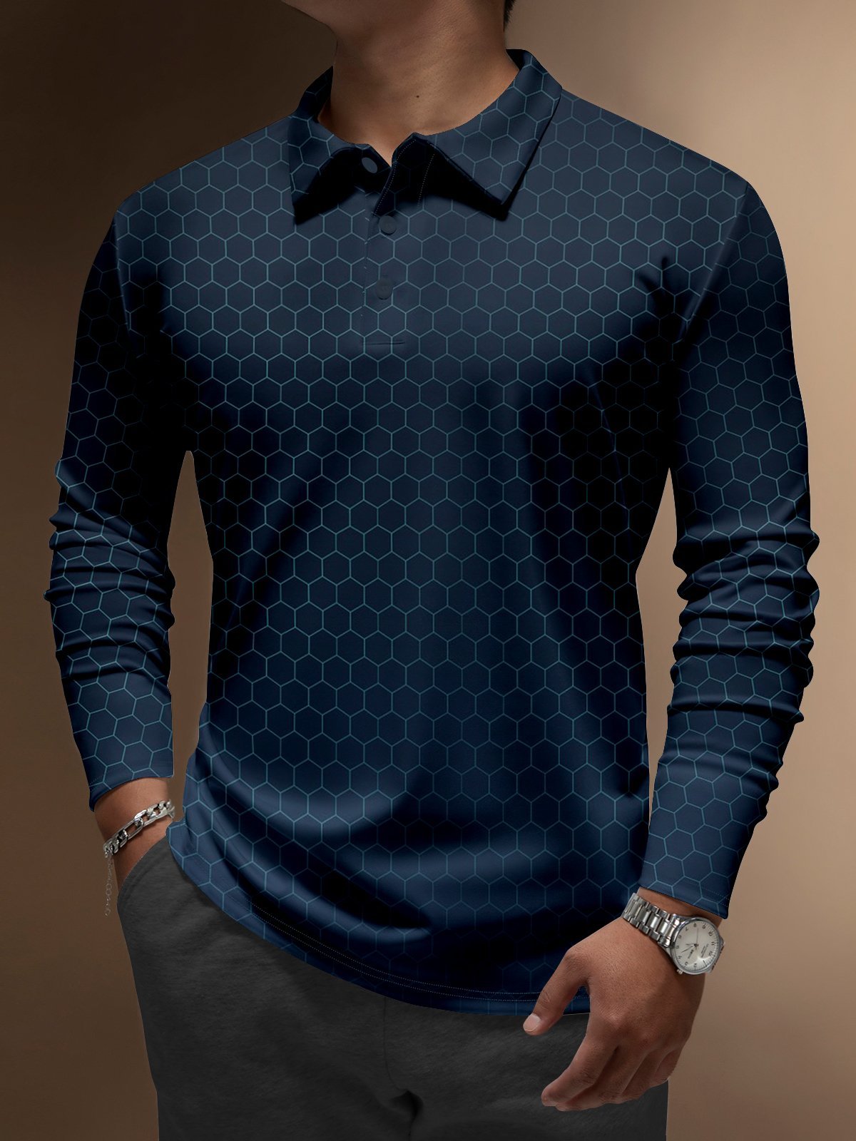 Camisa polo ejecutivo casual a rayas de manga larga para hombre