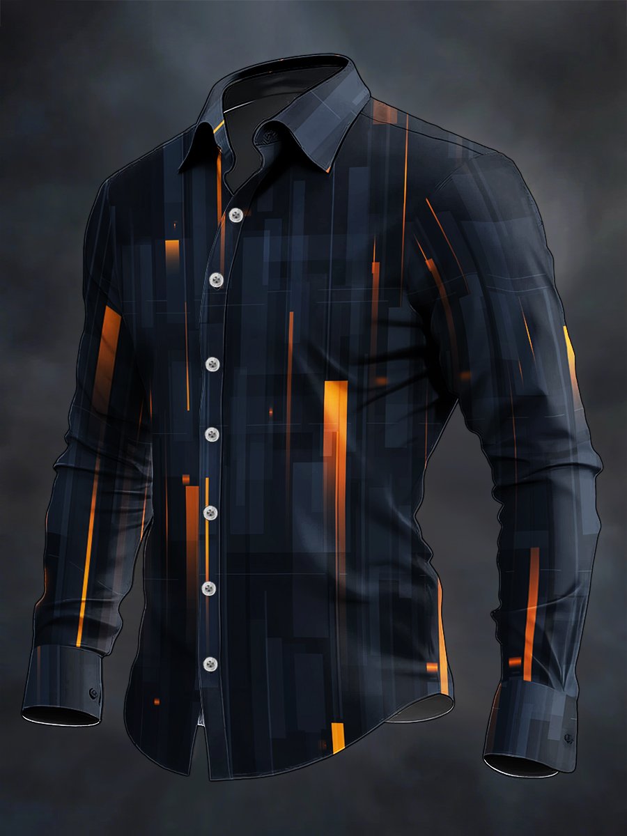 Camisa retro casual geométrico Art de manga larga para hombre