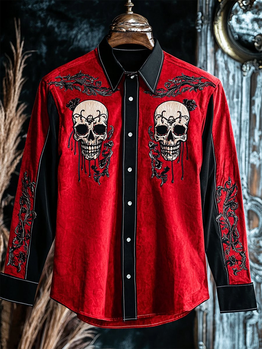 Camisa retro casual Skull estampado de manga larga para hombre