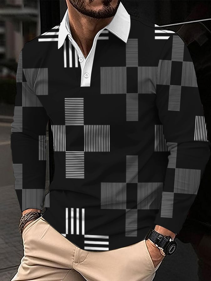 Ejecutivo Style geométrico estampado de manga larga Polo para hombre