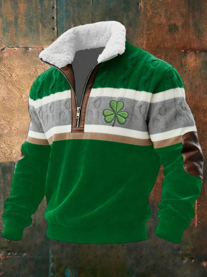 Sudadera retro St. Patrick estampado jacquard cierre Fur cuello de manga larga para hombre