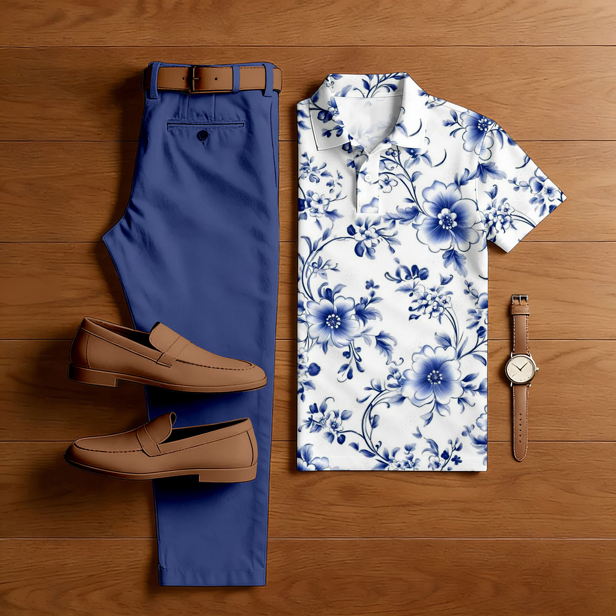 Conjunto de dos piezas casual Dark Blue Rose estampado camisa polo And pantalón para hombre