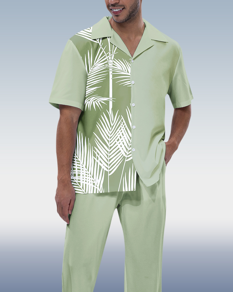 Rianmond Green Leaf estampado de manga corta Hiking Suit para hombre