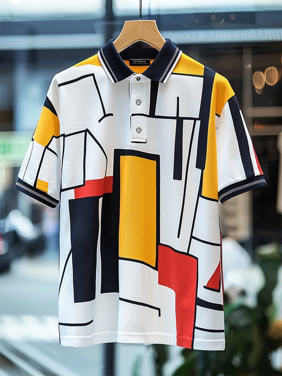 Camisa polo ejecutivo casual Bauhaus estampado Button de manga corta para hombre