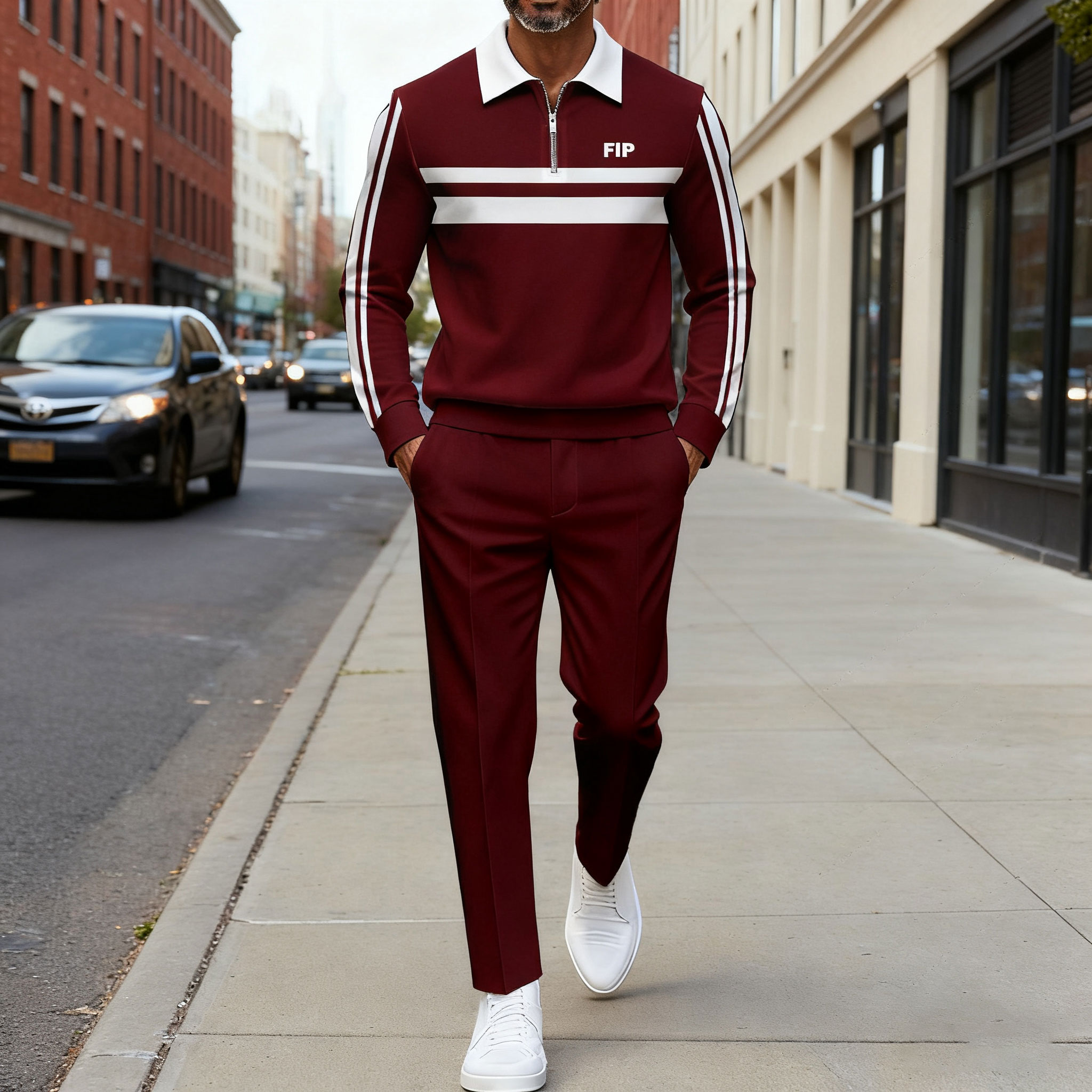 Conjunto de dos piezas casual Maroon & White Color Matching Geometric estampado Polo-Collar Zipper de manga larga Trousers para hombre