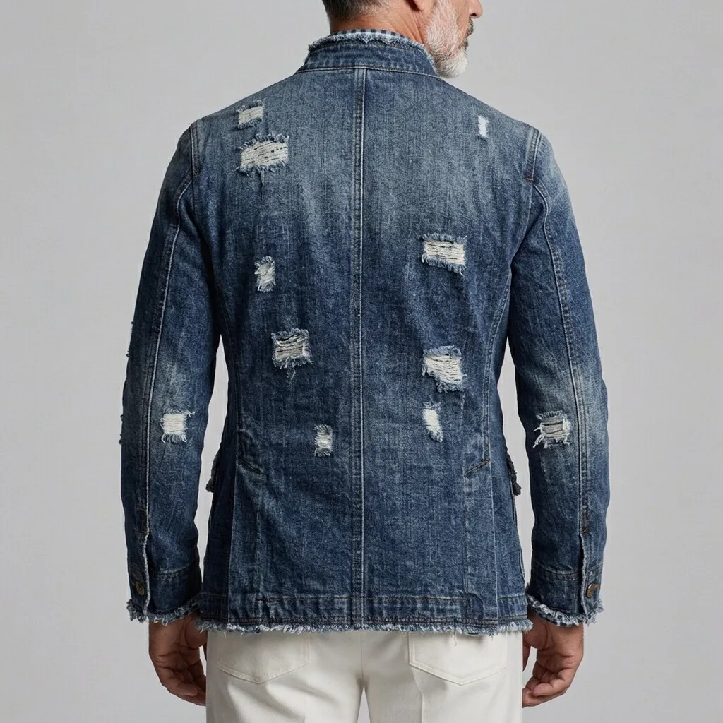para hombre retro Ripped Frayed Edge Stand Collar Double-Breasted Denim chaqueta