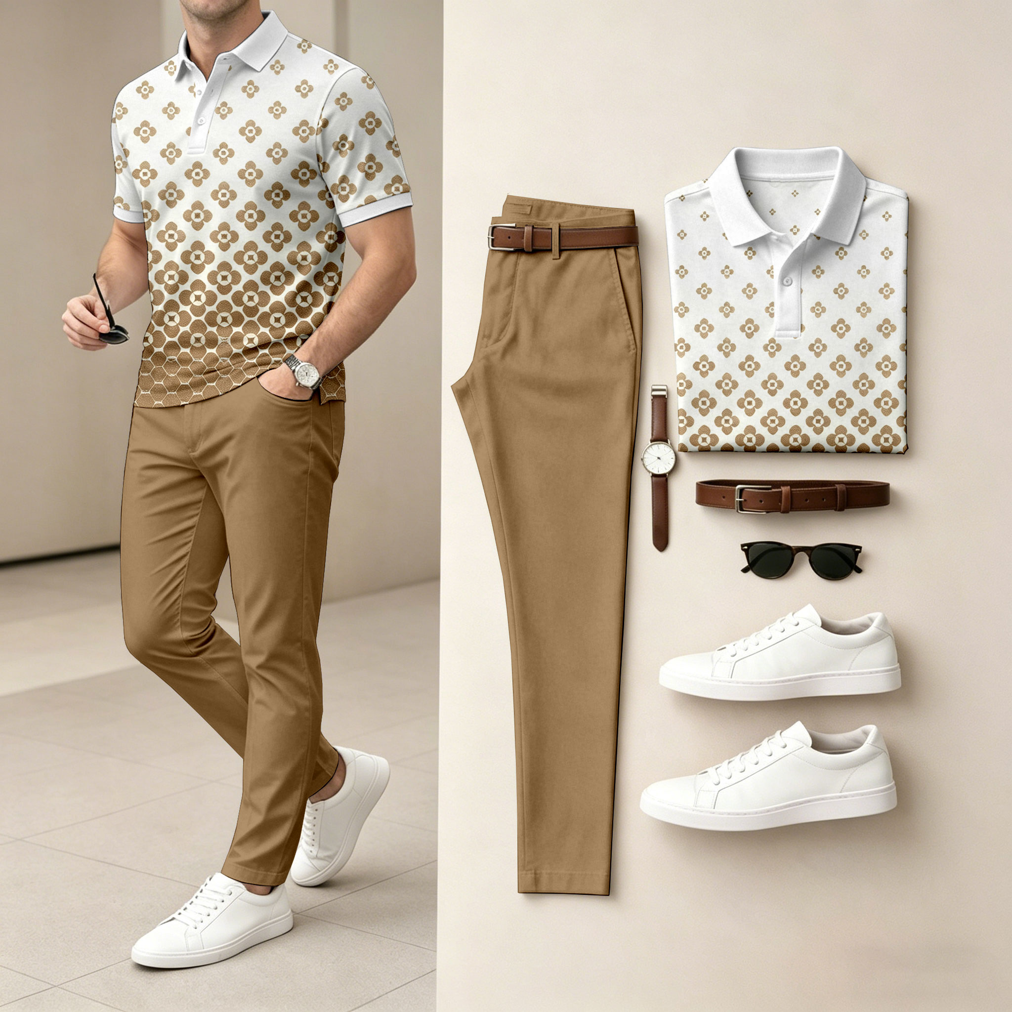para hombre floral-Print de manga corta camisa polo and pantalón Set