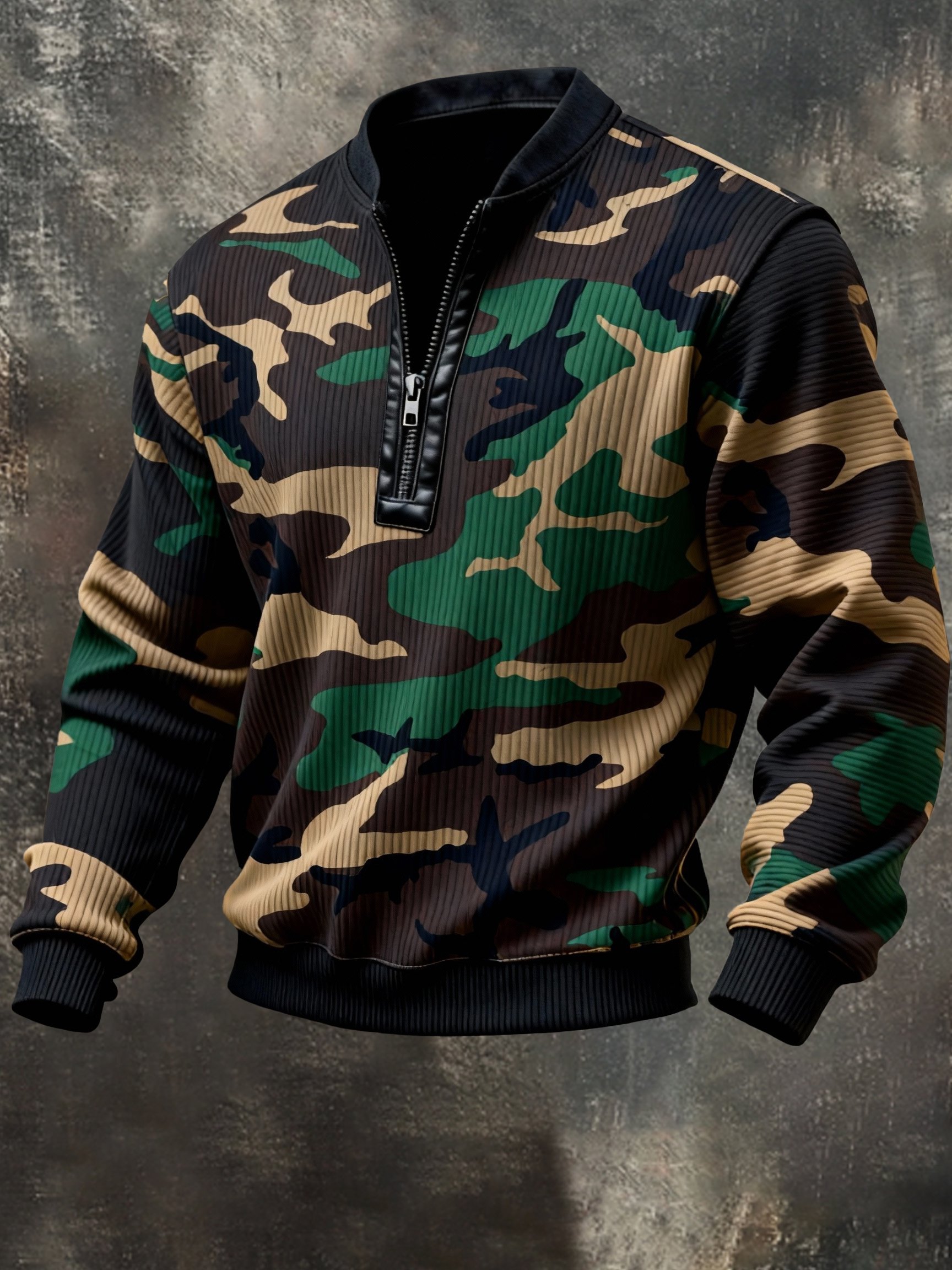 Sudadera casual retro Contrast Color Half Zip Stand cuello de manga larga para hombre