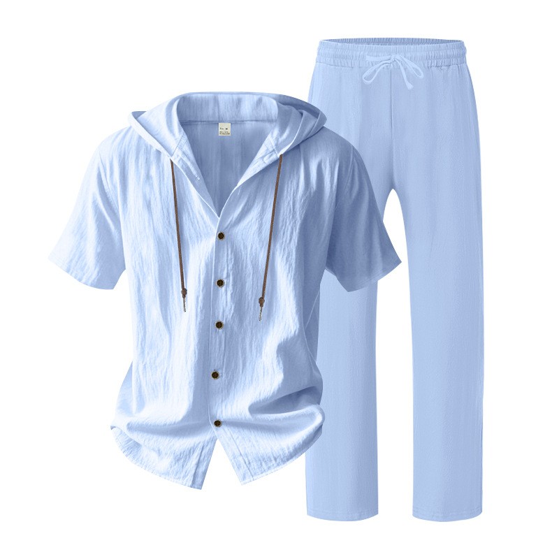 Conjunto de dos piezas de lino casual Hooded de manga corta camisa and holgado pantalón Set, Lightweight transpirable Summer Beach Vacation Outfit, Drawstring Relaxed Fit for para uso diario Wear Travel Resort Loungewear Comfortable elegante Summer Outfit para hombre