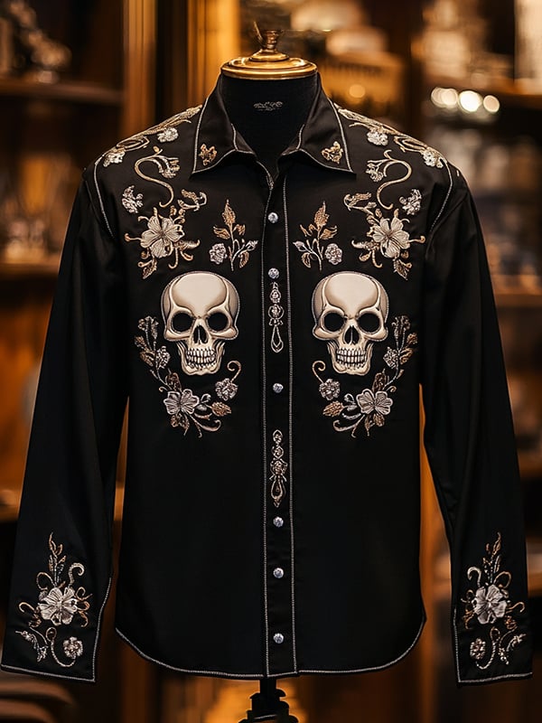 Camisa retro casual Skull estampado de manga larga para hombre