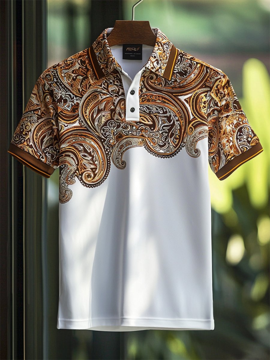 Camisa polo ejecutivo casual Paisley estampado Button de manga corta para hombre