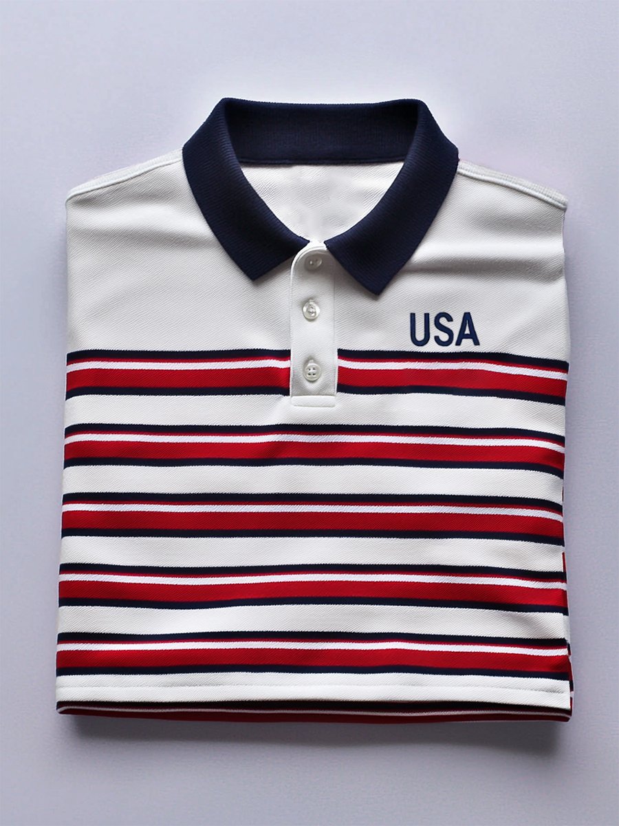 Camisa polo ejecutivo casual Independence Day a rayas Button de manga corta para hombre
