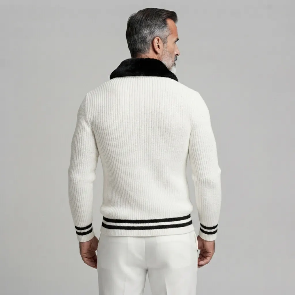para hombre White Ribbed tejido Contrast Fuzzy Collar a rayas Trim Single Breasted Cardigan