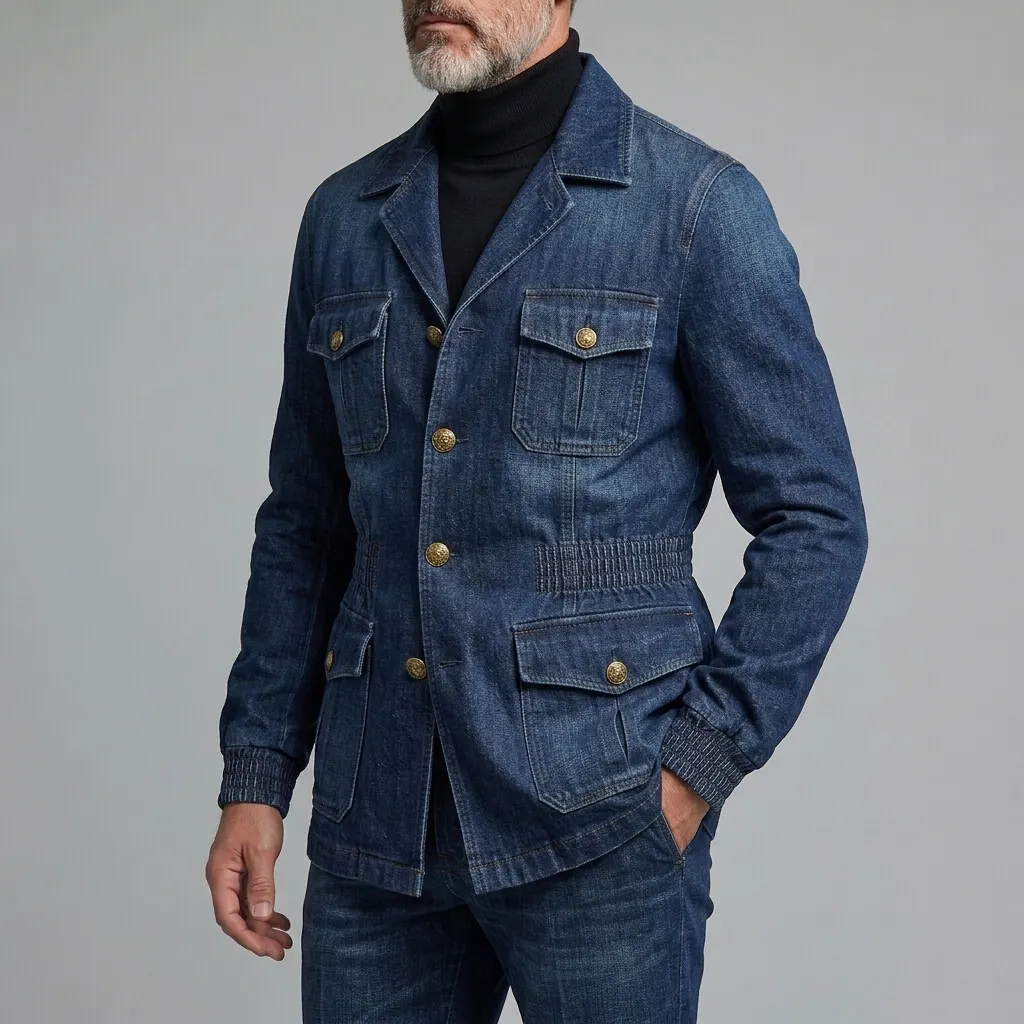 para hombre retro Navy Blue Multi-Pocket Elastic Waist Wash Denim Safari chaqueta