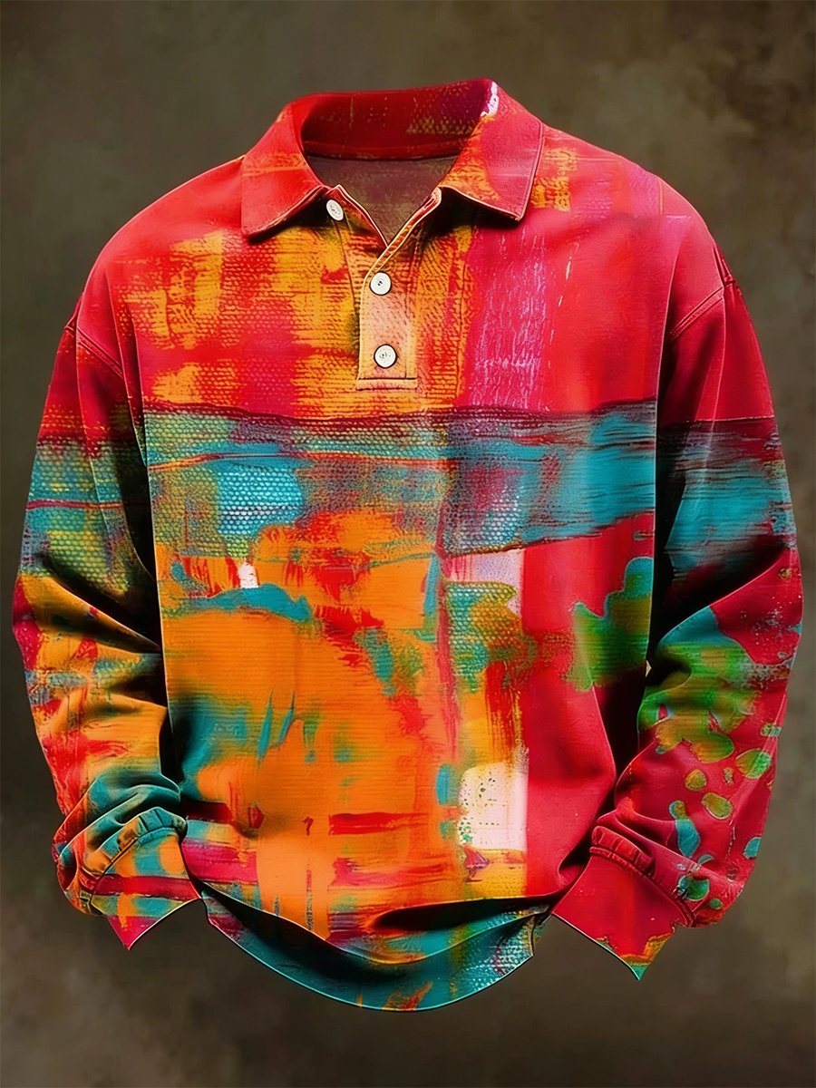 Camisa polo retro Faith Oil Painting Art de manga larga para hombre